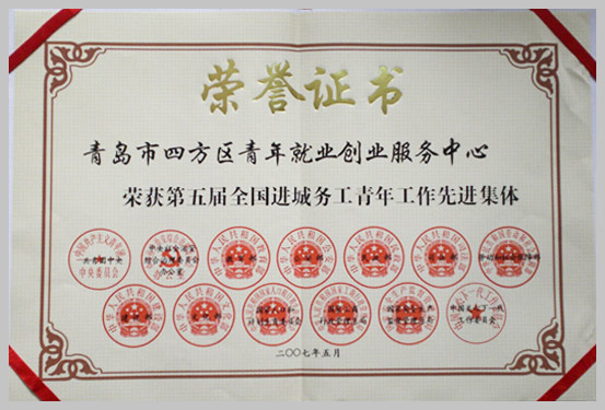 2007年荣获十五部委联合颁发的“全国进城务工青年工作先进集体”