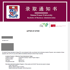 加拿大SFU录取offer案例 加拿大SFU录取offer案例