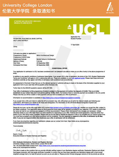 伦敦大学学院录取通知书 伦敦大学学院录取通知书