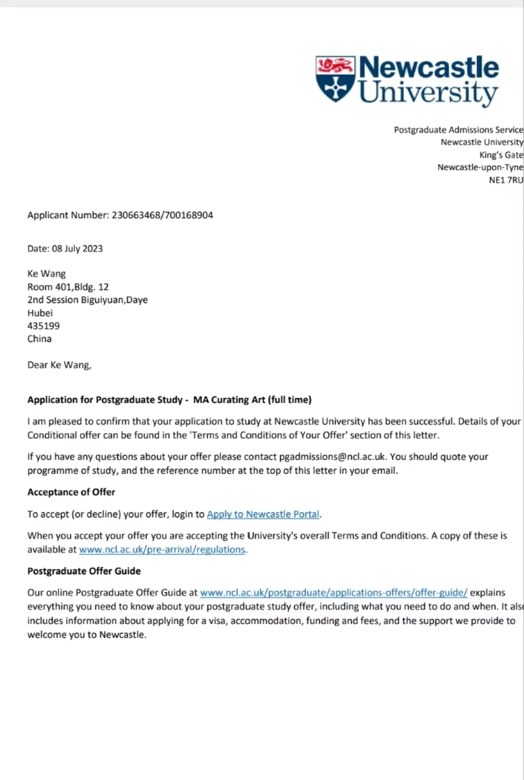 纽卡斯尔大学offer