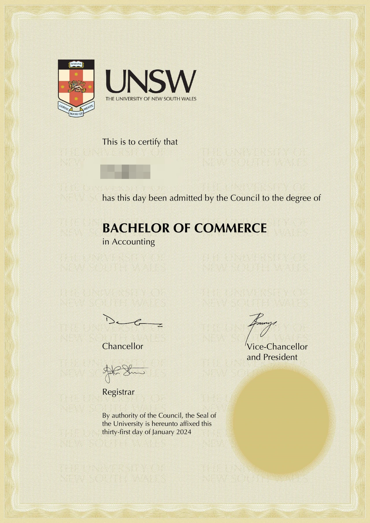 UNSW 本科毕业认证