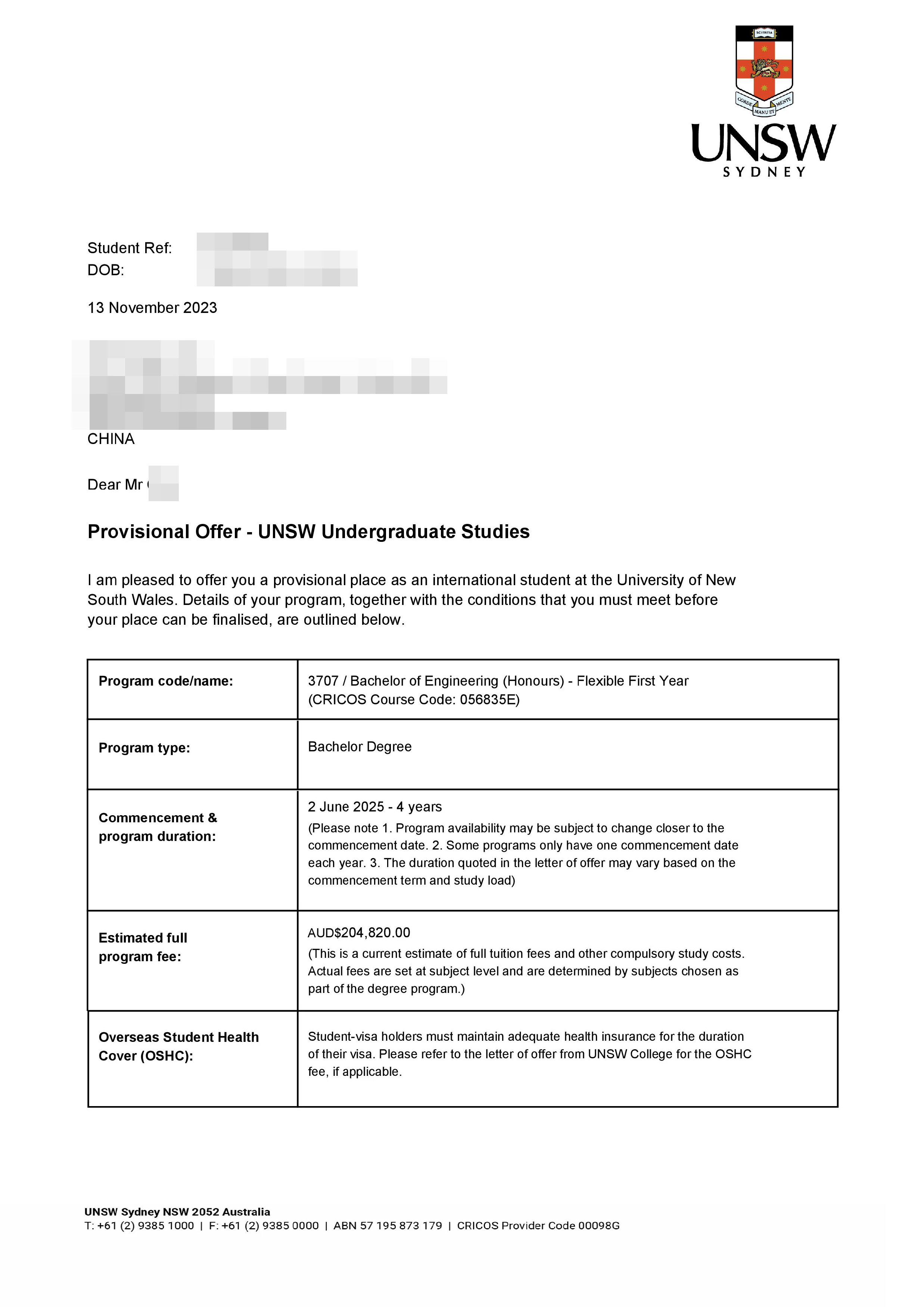 UNSW 工程本科offer